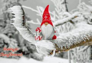 GratisKort.dk: En lille nisse med rød hat sidder på en snedækket gren og holder en gave. Teksten lyder "Glædelig jul - Marry Christmas!" i nederste venstre hjørne, perfekt til et festligt sendekort.